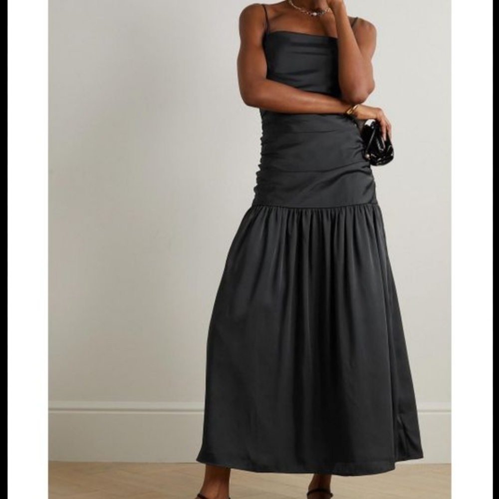 RHODE Natalia Ruched Duchesse-Satin Maxi Dress, Black, Size 4
